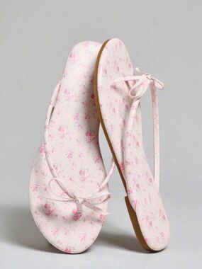 Pink Floral Bow Flip Flop Sandals - Women's